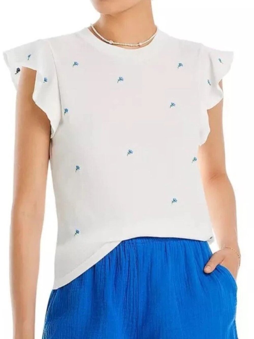 Rails Birdie Flutter Sleeve Top Embroidered Blue Bud Size Large